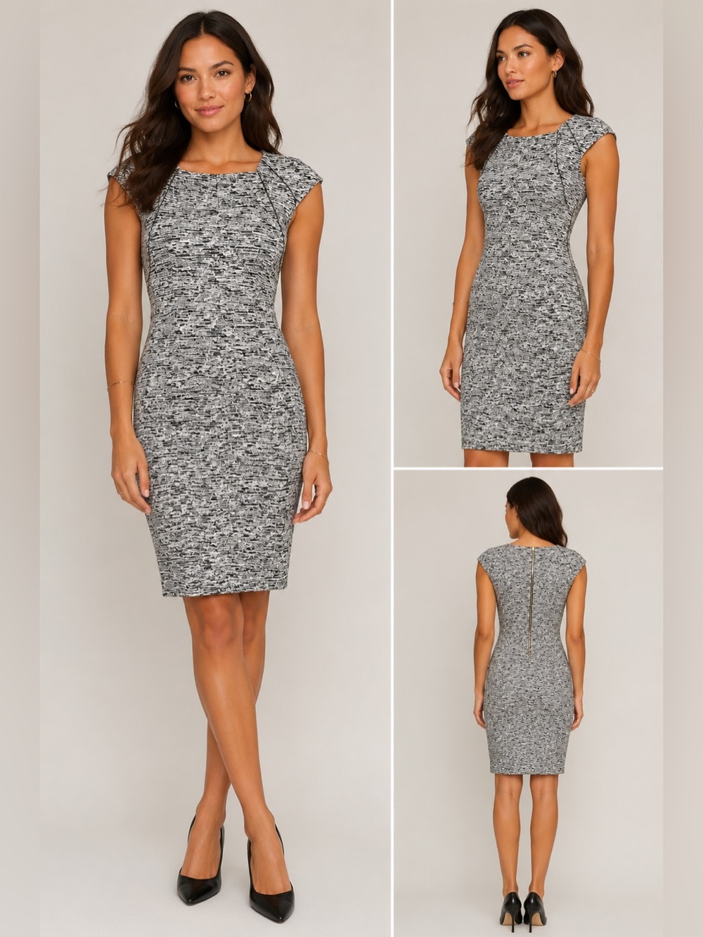 Calvin Klein Black & White Marled Cap-Sleeve Sheath Dress